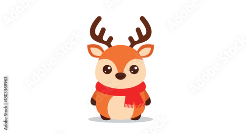 A cute cartoon reindeer wearing a red scarf stands on a white background.