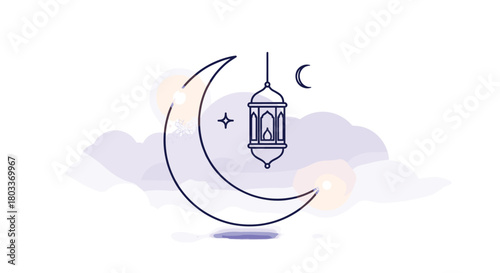 Ramadan crescent moon with lantern and clouds illustration.