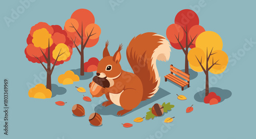 Whimsical autumnal park scene with a cute squirrel holding an acorn, perfect for seasonal greeting cards and charming illustrations of nature's beauty