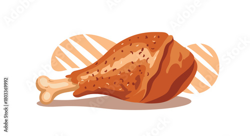 Deliciously crispy fried chicken drumstick with a golden brown crust presented with abstract background elements.