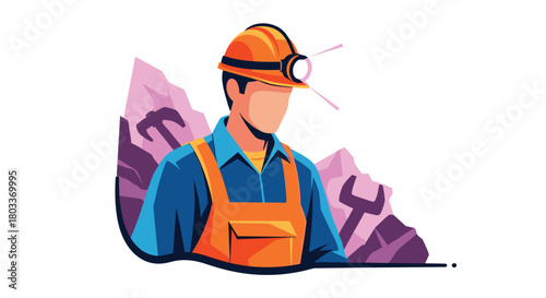 A miner wearing a hard hat and overalls stands in front of a rock formation with tools.