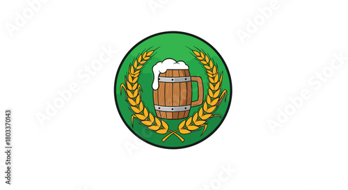 Green circle logo with a wooden beer mug and golden wheat stalks around it.