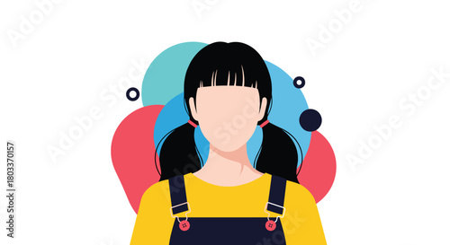 A young girl with black pigtails and a yellow top wears dark overalls in front of colorful abstract shapes.