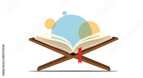 An open book resting on a wooden stand with colorful circles floating above it.