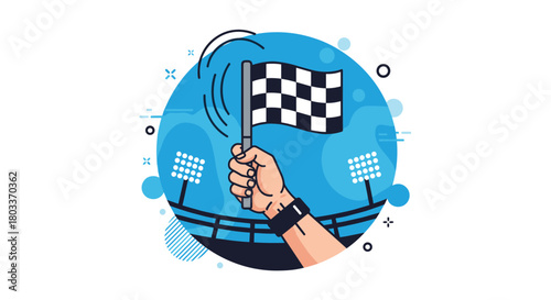 A hand waves a checkered flag at the finish line signaling the end of a race.