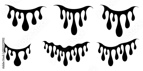 Set of black dripping liquid silhouettes with organic blob shapes, vector drip borders and ink drops in varied shapes element.
