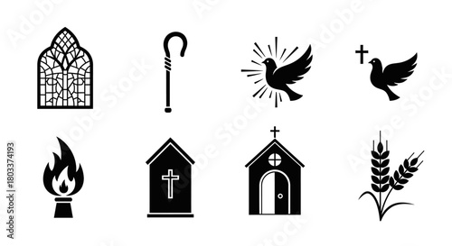 Religious Icon Set Church, Dove, Cross, and More for Faith-Based Designs
