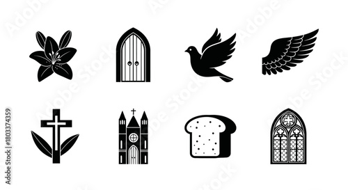 Black and White Silhouette Icons Religious Symbols, Church, Lily, Dove and Bread Loaf