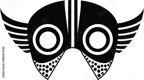 PrintBlack and White Tribal Mask Vector Icon, Featuring Geometric Patterns, Wings, and Circles in an Abstract Ethnic and African Cultural Style Illustration.
