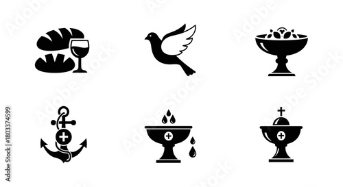 Christian Religious Icons Set Communion, Holy Spirit, Baptism, Hope Symbols Collection