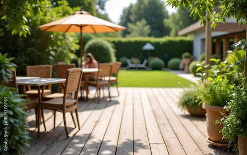Summer garden party in a beautiful garden with a large wooden deck in the background. High quality