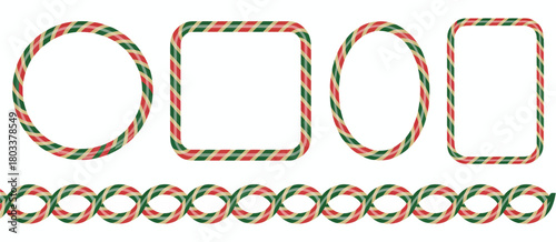 Candy cane border. Christmas frames in square circle and oval festive vector design