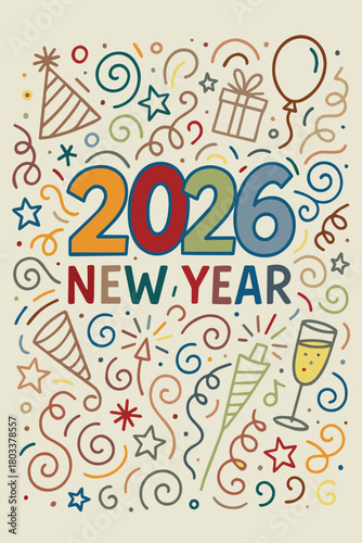 A vibrant warm toned vector doodle scene for Happy New Year 2026, featuring lively patterns, bold colors, dynamic swirls, and celebratory motifs that brighten the festive atmosphere with charm glow