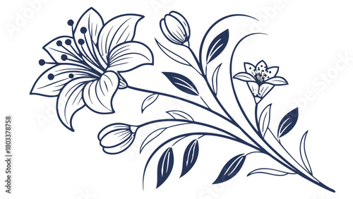 Elegant floral arrangement with blooming lilies and buds on winding stems in a monochrome color scheme