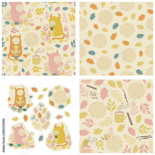 Seamless patterns set and stickers with funny, cute monsters, mugs of hot tea, leaves and cookies. Cozy autumn picnic, lazy weekend, outdoor rest. Cartoon characters. Childish illustration.