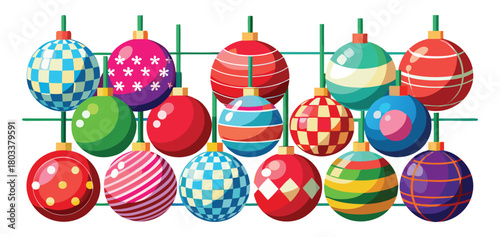 Collection of fourteen colorful Christmas baubles decorated with a design on transparent.