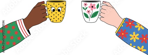 Diverse Hands Holding Colorful Decorative Coffee Mugs in a Toasting Gesture, Representing Friendship, Break Time, Diversity, and Shared Hot Beverage Moments.