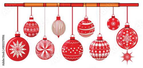Hanging red Christmas ball ornaments on an orange bamboo stick. 