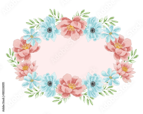 Soft Red Aster and Blue Watercolor Flower Frame