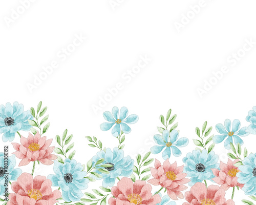 Soft Red Aster and Blue Watercolor Flower Background