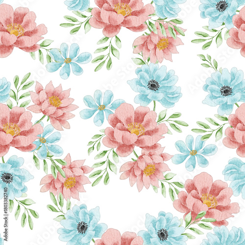 Soft Red Aster and Blue Watercolor Flower Seamless Pattern