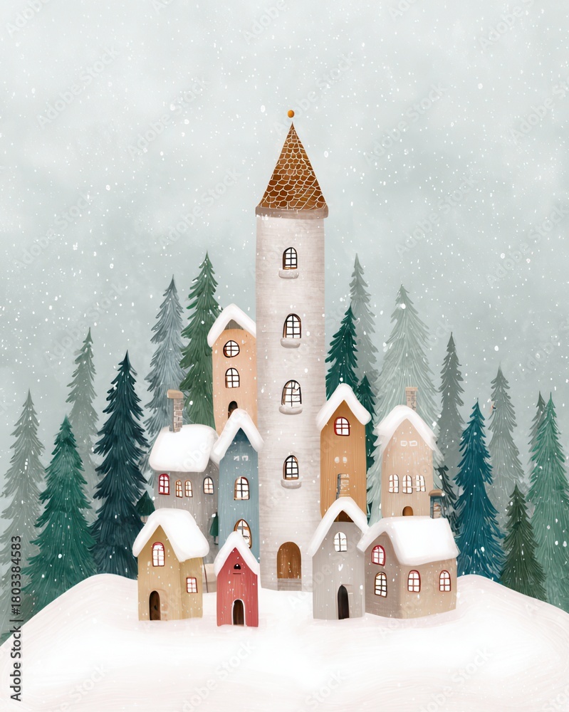 Fototapeta premium Charming Winter Village Illustration with Snow Covered Houses and Tower, high resolution printable artwork for decor, elegant composition suitable for