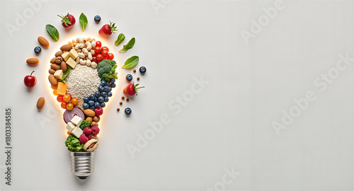 A healthy food lightbulb concept with fresh ingredients on a light background