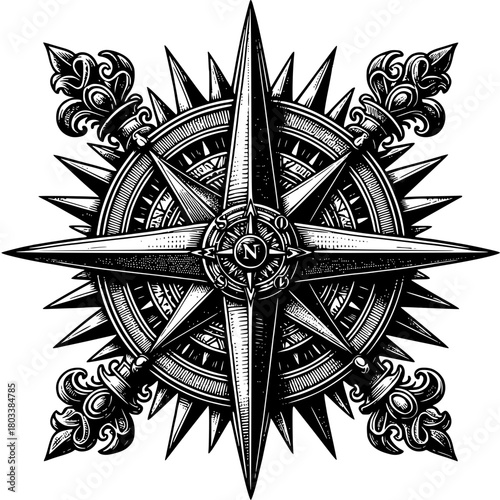 Compass Rose Illustration: Intricate detailed engraving of a compass rose, its design suggests guidance, exploration, and the spirit of discovery, a timeless symbol.