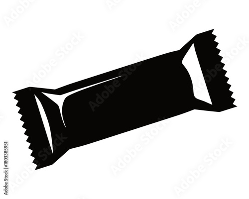 Illustration of a black wrapped candy bar with crimped edges on a white background, angled slightly