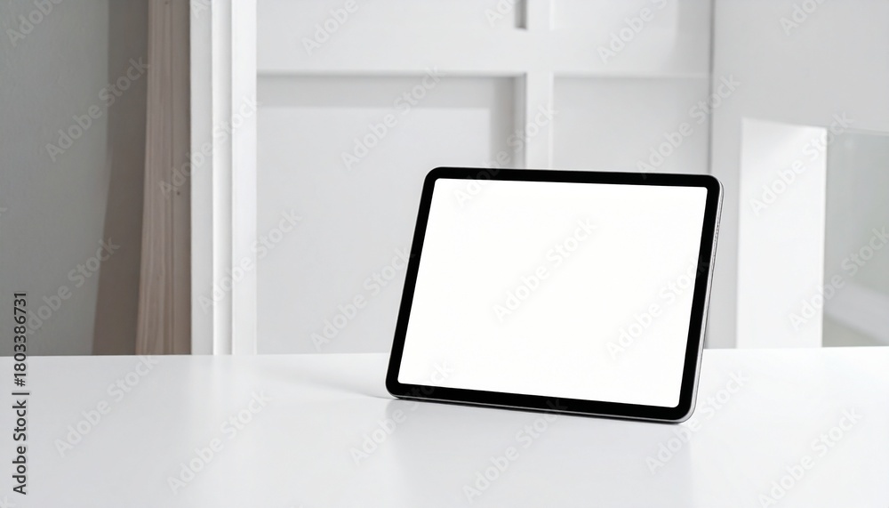 Fototapeta premium Sleek modern digital tablet with a pristine blank white screen, perfectly positioned on a minimalist desk in a bright, contemporary workspace, ideal for showcasing designs and content