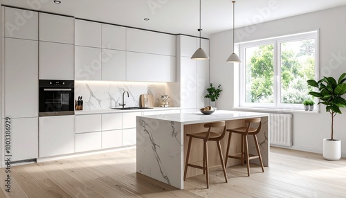 Modern Scandinavian kitchen interior with sleek white cabinetry, a stunning marble island, and a minimalist aesthetic
