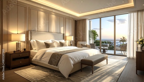 Luxury Hotel Bedroom Interior with Layered Lighting, Fresh Linen, and Soft Shadows Overlooking a Scenic View
