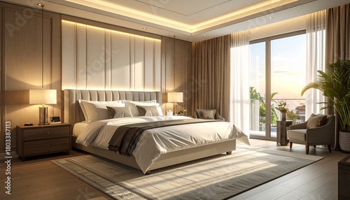 Sunlit modern bedroom interior with luxurious king-size bed and elegant decor, featuring soft natural light illuminating a comfortable and serene upscale sleeping space