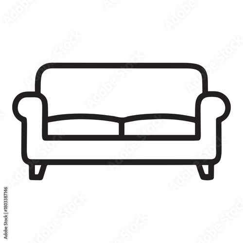 A simple drawing of a couch with two cushions and rounded armrests and short legs is displayed here