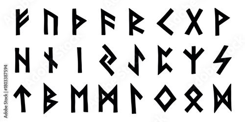 Set of hand drawn viking runes Ancient scandinavian futhark germanic celtic alphabet clipart in doodle style Single element for print, web, design, decor