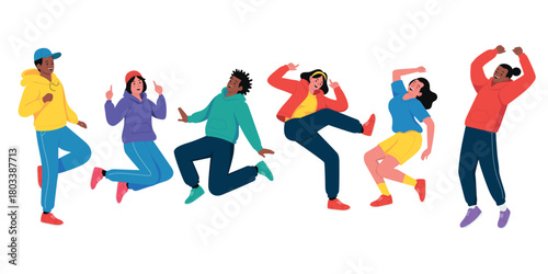 Colorful flat illustration of diverse friends jumping with energy and joy. Each character shows dynamic movement, bright outfits, and positive emotions, perfect for themes of happiness and celebration