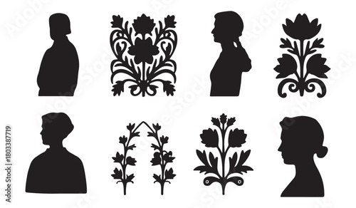  Collection of elegant black silhouettes of historical figures and floral ornaments on white background
