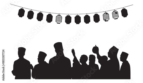  Silhouette of a cheering crowd under a string of festive lanterns at night