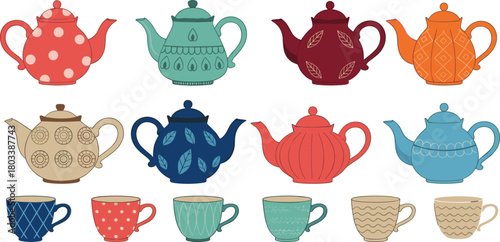 Set of Decorative Colorful Teapots and Tea Cups with Unique Patterns, Featuring Cute Ceramic Kitchenware in a Flat and Hand-Drawn Style Vector Collection.
