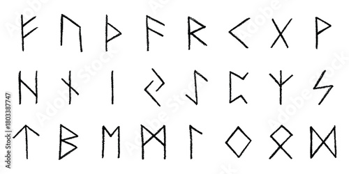 Set of hand drawn viking runes Ancient scandinavian futhark germanic celtic alphabet clipart in doodle style Single element for print, web, design, decor