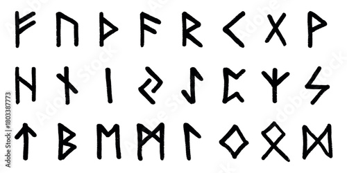 Set of hand drawn viking runes Ancient scandinavian futhark germanic celtic alphabet clipart in doodle style Single element for print, web, design, decor