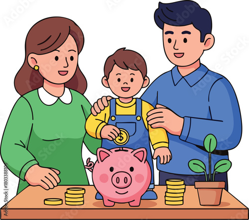 A smiling family with a young child putting a coin into a piggy bank on a table with stacks of coins and a potted plant in a cheerful scene.