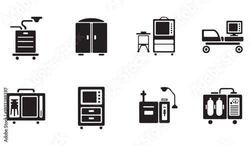  Collection of black and white medical equipment icons on a white background
