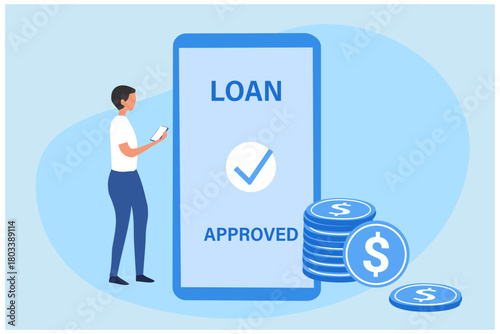 Approved Loan concept. Online banking services. Man getting a loan on smartphone app. 
