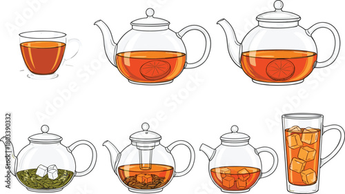 Set of Transparent Glass Teapots and Mugs, Illustrating Hot and Iced Tea Brewing Process with Loose Leaves, Citrus Slices, and Ice Cubes Vector Collection.