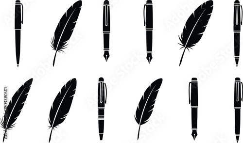 Set of Writing Tools Icons, Featuring Modern Fountain Pens, Ballpoint Pens, and Traditional Feather Quills in Black Silhouette Vector Illustration Collection.