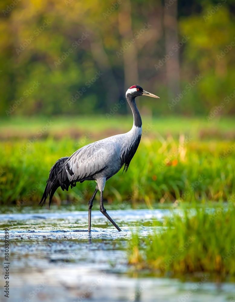 Obraz premium A tall, elegant bird with a grey body, black and white neck and head, and red patch, walks through water near lush green reeds