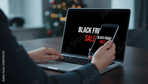 Person using laptop and smartphone for black friday sale shopping