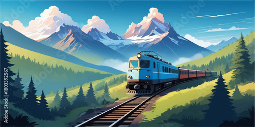 Modern railway scene showing blue train crossing green hills under clear blue sky and mountain backdrop.