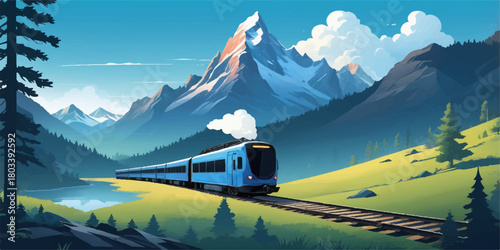 Blue train moving through open grassy terrain with a reflective lake and steep rocky mountain slopes behind.